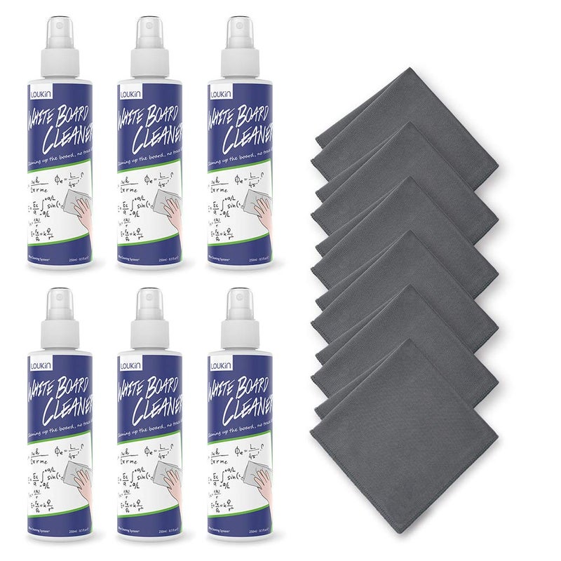 loukin Non-Toxic Whiteboard Cleaner, 8.5 fl oz Dry Erase Board Cleaner, Low-Odor Whiteboard Cleaning Spray with Cloths, Removes Stubborn Marks from Whiteboards, Chalkboard (6-Pack) - Image 1